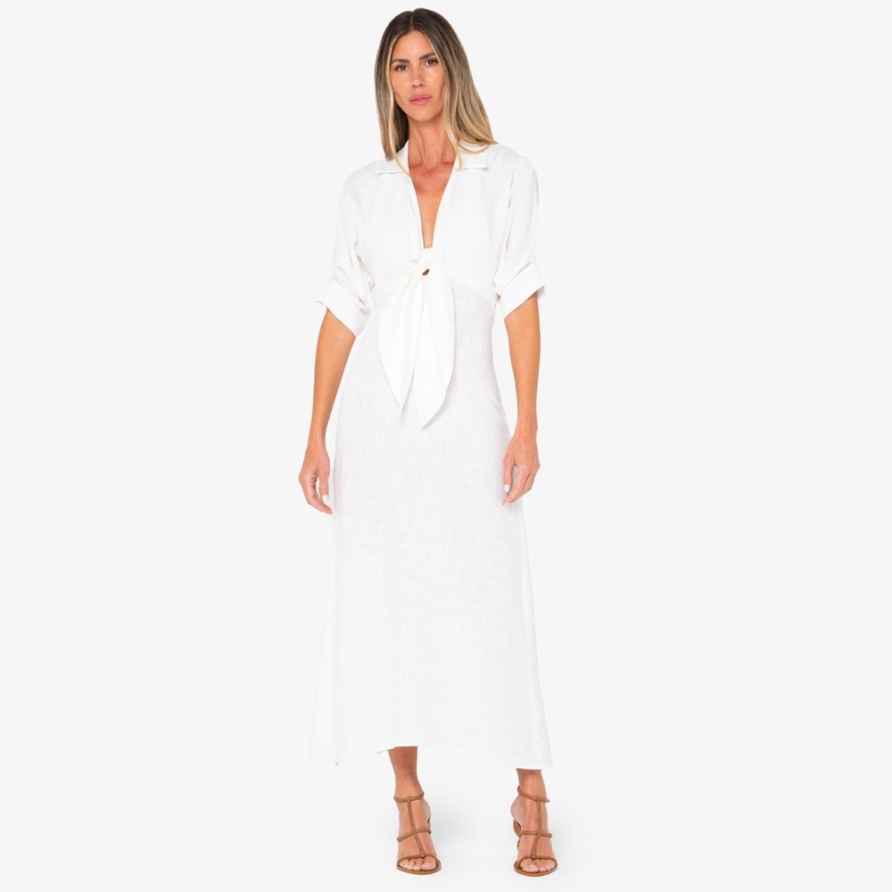 JBQ Just Be Queen Chiara White Linen Knot Front Cut Out Back Midi Dress 2.0 Sz M
